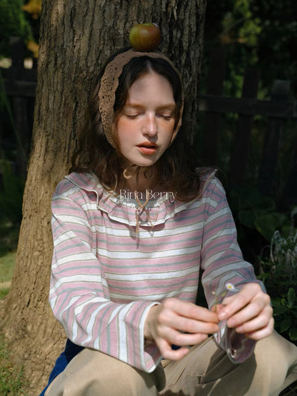 RinaBerry Long-Sleeve Striped T-Shirt with Lettuce-Edge Trim – A Soft, French-Inspired, Loose-Fit Crewneck Top for Autumn (Available in 2 Colors)