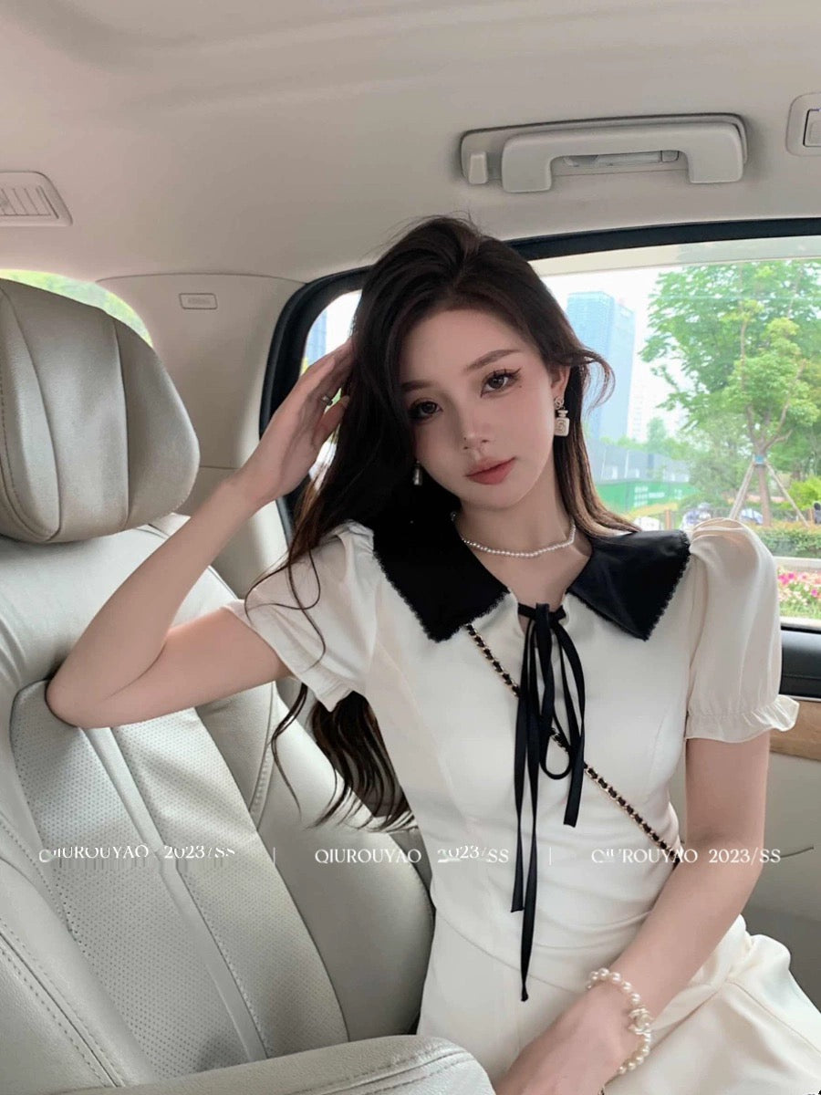 Qiu Rouyao's new spring style waist slimming short skirt with drawstring contrasting puff sleeves A-line slimming and high-end dress