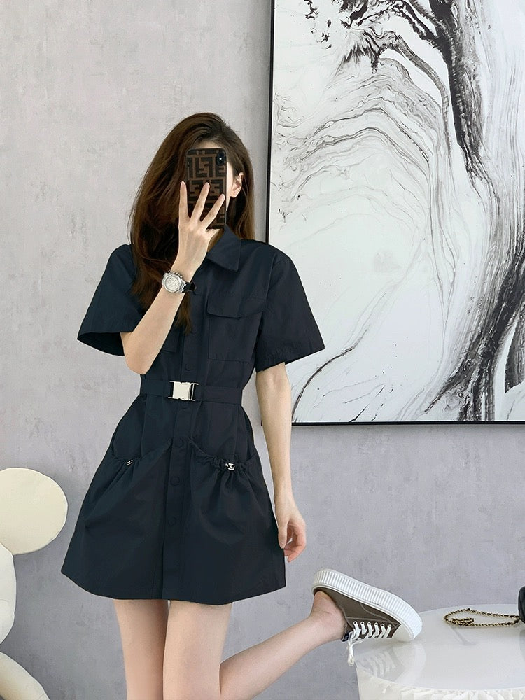 Hepburn style French temperament polo shirt dress niche chic waist 2024 new women's summer black skirt