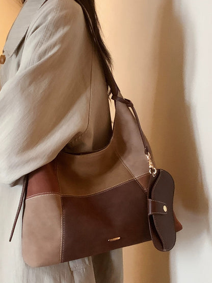 Chio2nd Warm Brown Color Block Tote Bag for Women, New Winter Retro Commuter Shoulder Bag/Crossbody Bag