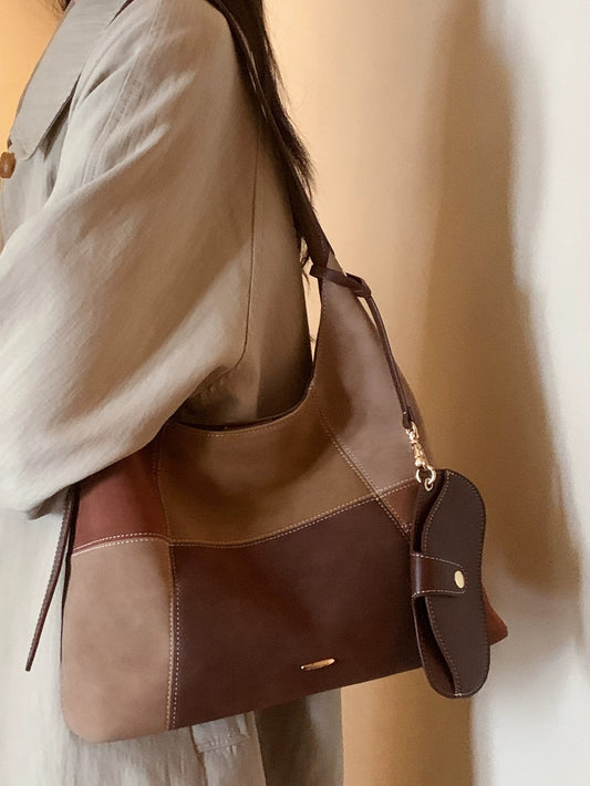 Chio2nd Warm Brown Color Block Tote Bag for Women, New Winter Retro Commuter Shoulder Bag/Crossbody Bag