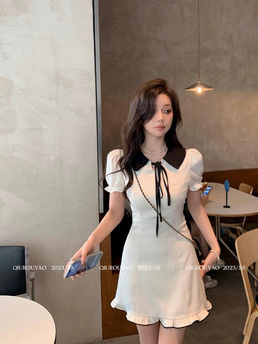 Qiu Rouyao's new spring style waist slimming short skirt with drawstring contrasting puff sleeves A-line slimming and high-end dress