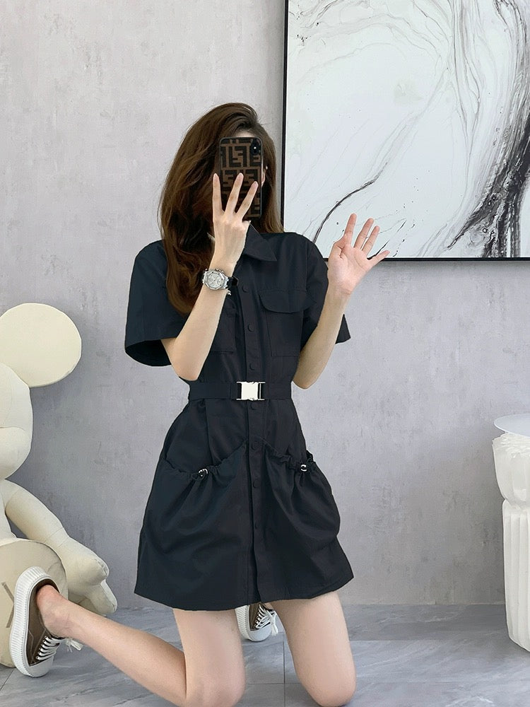 Hepburn style French temperament polo shirt dress niche chic waist 2024 new women's summer black skirt