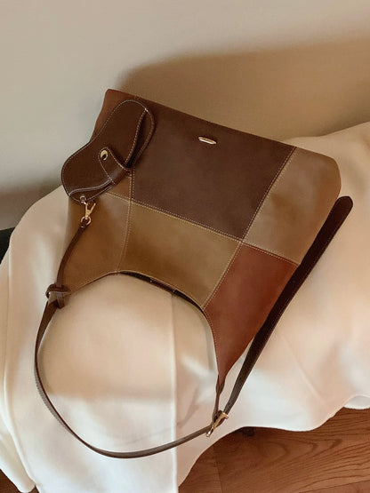 Chio2nd Warm Brown Color Block Tote Bag for Women, New Winter Retro Commuter Shoulder Bag/Crossbody Bag