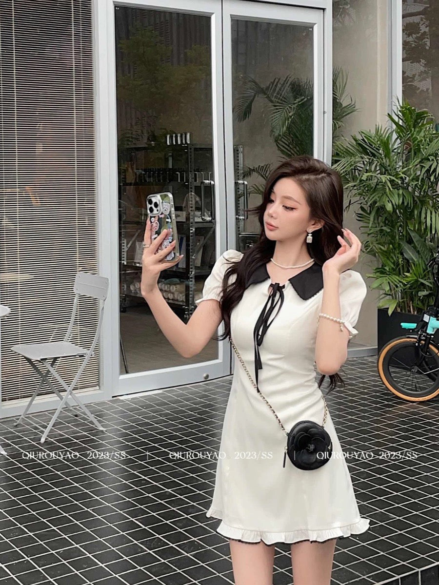 Qiu Rouyao's new spring style waist slimming short skirt with drawstring contrasting puff sleeves A-line slimming and high-end dress