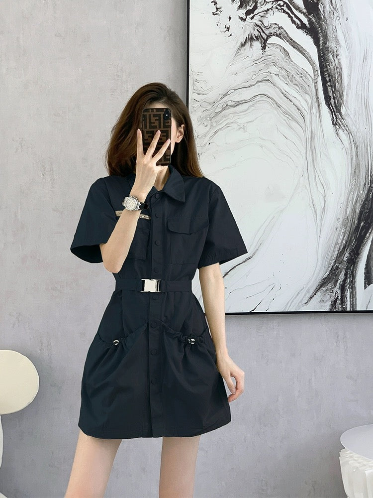 Hepburn style French temperament polo shirt dress niche chic waist 2024 new women's summer black skirt