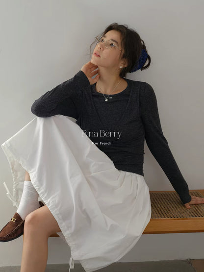 Rina Berry Korean-style long-sleeve knit T-shirt with a "faux-layered" look—a slim-fit, minimalist base-layer top perfect for autumn styling.