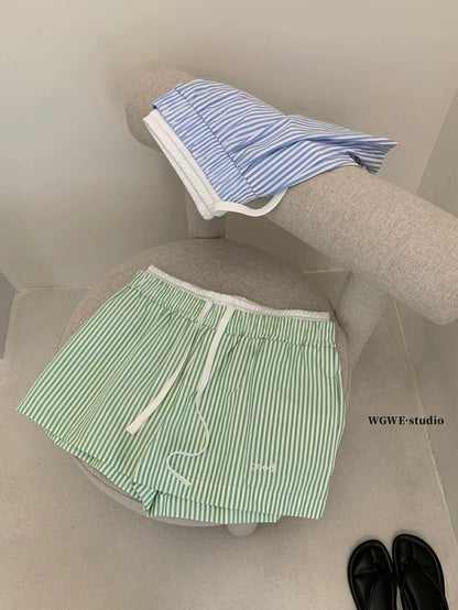 Seriously selling vertical stripes drawstring letter embroidery wide leg shorts loose summer casual shorts