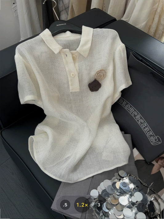 Old Money Style Linen Mesh Short-Sleeve T-Shirt for Women, Casual and Versatile Design, New 2025 Lightweight Polo Top
