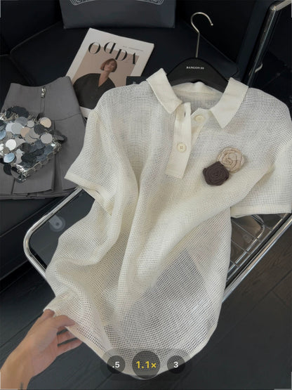 Old Money Style Linen Mesh Short-Sleeve T-Shirt for Women, Casual and Versatile Design, New 2025 Lightweight Polo Top