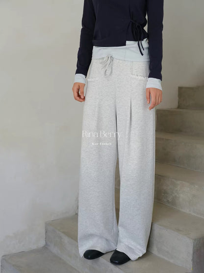 Rina Berry Lace-Paneled Straight-Leg Trousers – Autumn Loose-Fit Casual Pants with Drawstring Elastic Waist