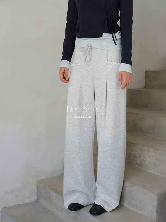 Rina Berry Lace-Paneled Straight-Leg Trousers – Autumn Loose-Fit Casual Pants with Drawstring Elastic Waist