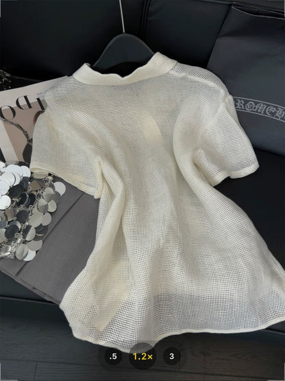 Old Money Style Linen Mesh Short-Sleeve T-Shirt for Women, Casual and Versatile Design, New 2025 Lightweight Polo Top