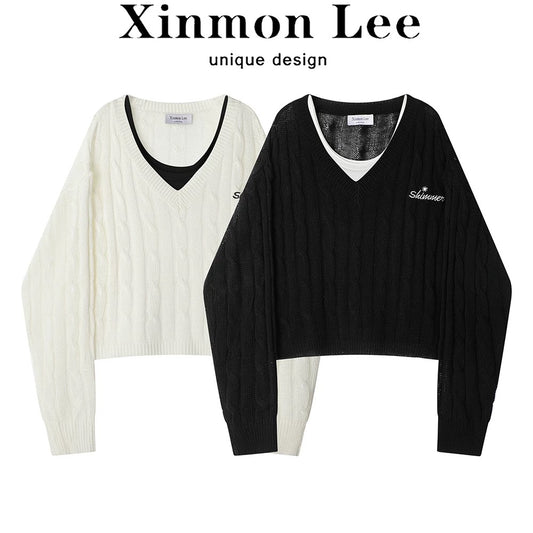 XinmonLee Korean retro casual knitted two-piece suit V-neck long-sleeved cardigan autumn short vest inner wear