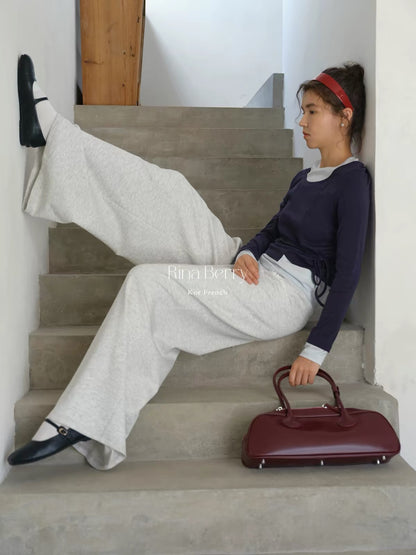 Rina Berry Lace-Paneled Straight-Leg Trousers – Autumn Loose-Fit Casual Pants with Drawstring Elastic Waist