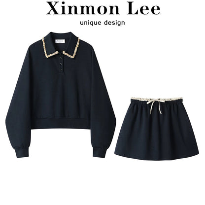 XinmonLee high-end light luxury beaded heavy lapel sweatshirt two-piece set spring and autumn Korean style high waist contrast color A-line skirt