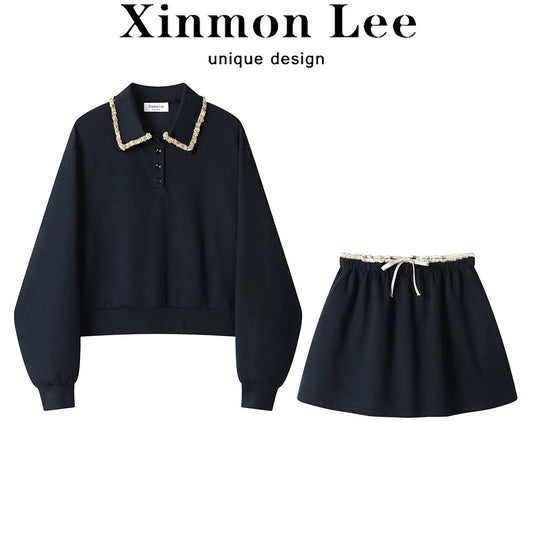 XinmonLee high-end light luxury beaded heavy lapel sweatshirt two-piece set spring and autumn Korean style high waist contrast color A-line skirt