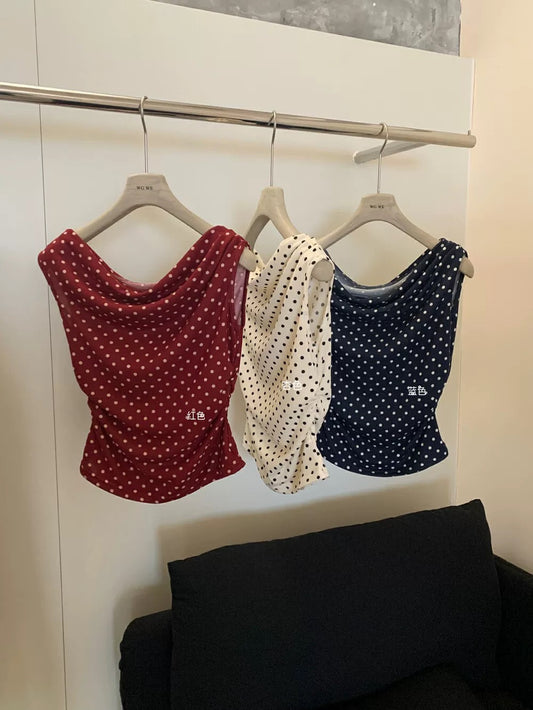 Polka dot pure sexy off-shoulder short-sleeved T-shirt hot girl style one-shoulder French pure waist top small shirt summer
