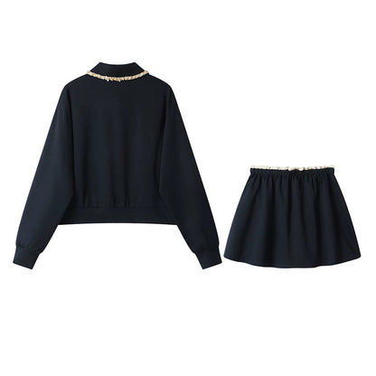 XinmonLee high-end light luxury beaded heavy lapel sweatshirt two-piece set spring and autumn Korean style high waist contrast color A-line skirt