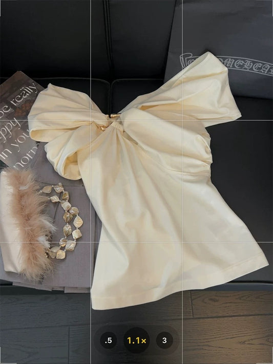 Irregular knotted off-shoulder top for women, metallic patchwork and pleated design, 2025 summer elegant and gentle style vest.