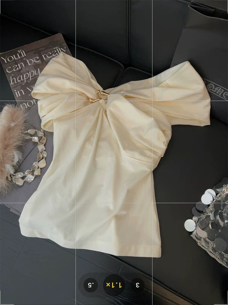 Irregular knotted off-shoulder top for women, metallic patchwork and pleated design, 2025 summer elegant and gentle style vest.