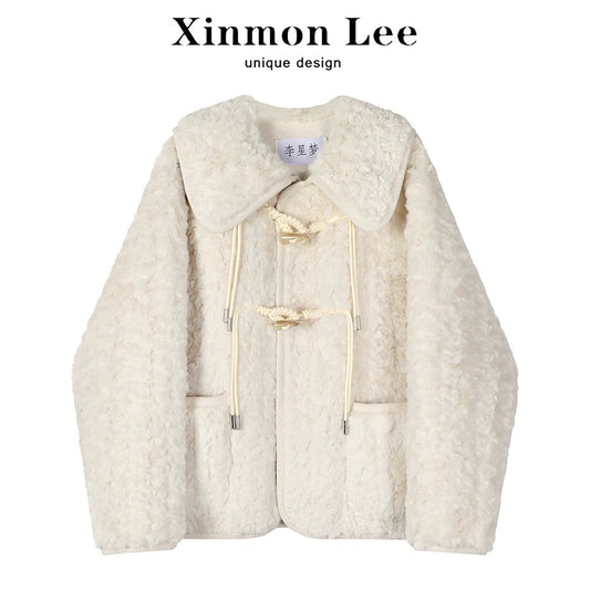 XinmonLee small fragrance style lambskin temperament lady high-end ladies short coat autumn and winter fur one-piece top