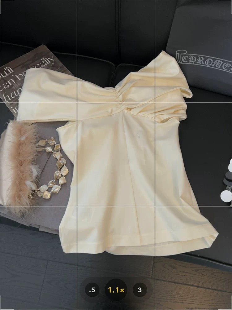 Irregular knotted off-shoulder top for women, metallic patchwork and pleated design, 2025 summer elegant and gentle style vest.
