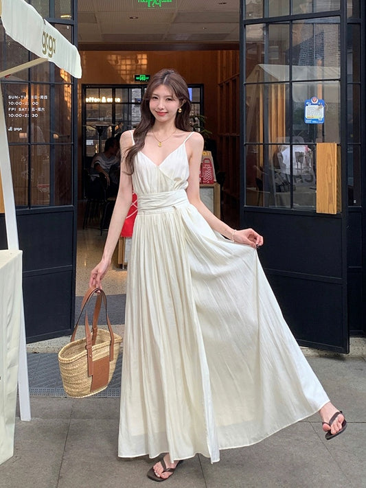 LINGLAI Linglai off-white suspender dress women's new summer new waist slimming beach vacation long skirt