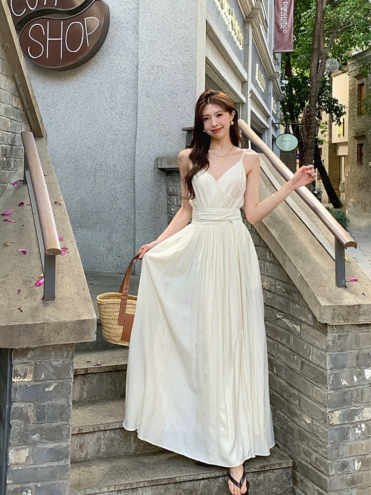LINGLAI Linglai off-white suspender dress women's new summer new waist slimming beach vacation long skirt