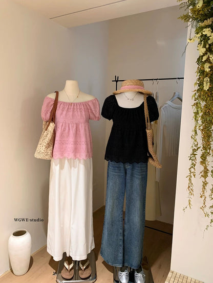 French romantic atmosphere, high-end, light luxury, age-reducing, fashionable pink shirt for women, summer hollow flower small tops and shirts