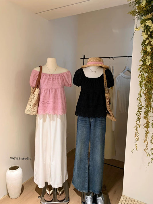 French romantic atmosphere, high-end, light luxury, age-reducing, fashionable pink shirt for women, summer hollow flower small tops and shirts