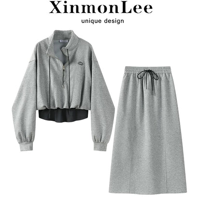 XinmonLee spring Korean version stand-up collar half-zip fake two-piece sweatshirt high waist drape skirt two-piece suit