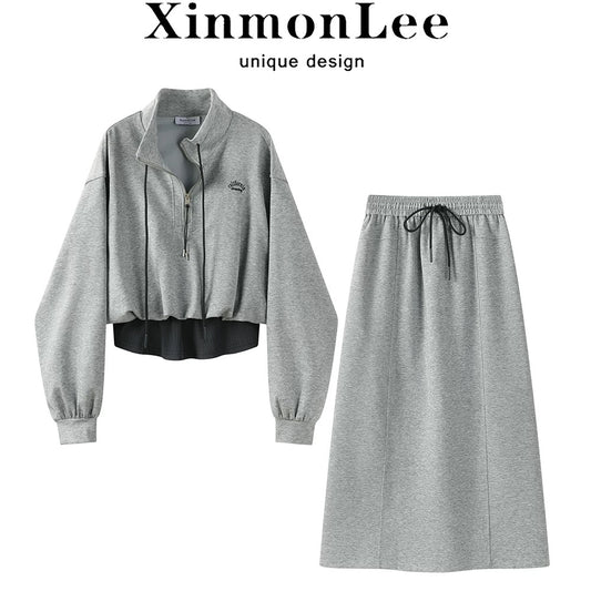 XinmonLee spring Korean version stand-up collar half-zip fake two-piece sweatshirt high waist drape skirt two-piece suit