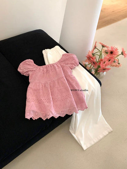 French romantic atmosphere, high-end, light luxury, age-reducing, fashionable pink shirt for women, summer hollow flower small tops and shirts