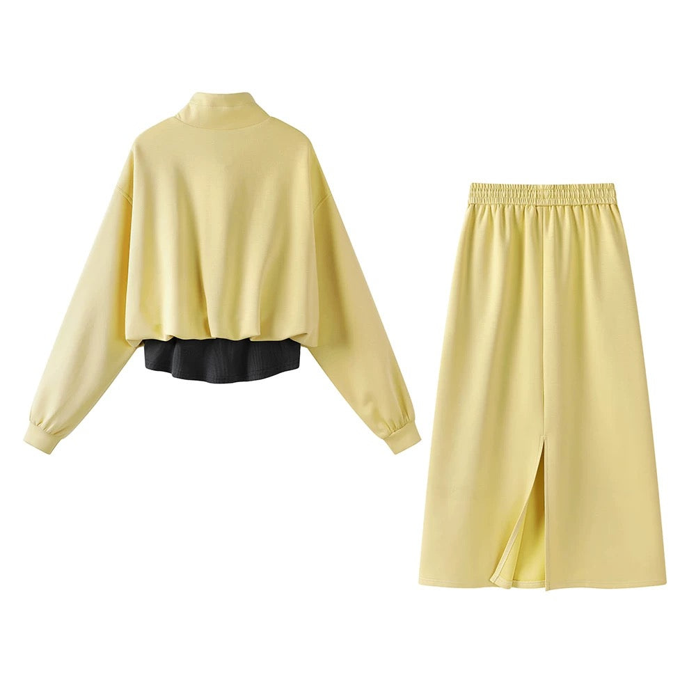 XinmonLee spring Korean version stand-up collar half-zip fake two-piece sweatshirt high waist drape skirt two-piece suit
