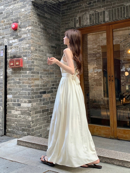 LINGLAI Linglai off-white suspender dress women's new summer new waist slimming beach vacation long skirt