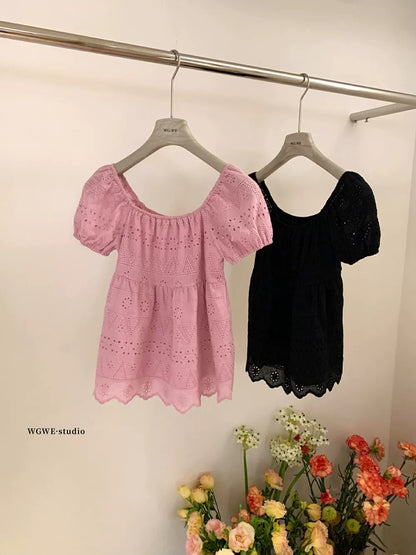 French romantic atmosphere, high-end, light luxury, age-reducing, fashionable pink shirt for women, summer hollow flower small tops and shirts