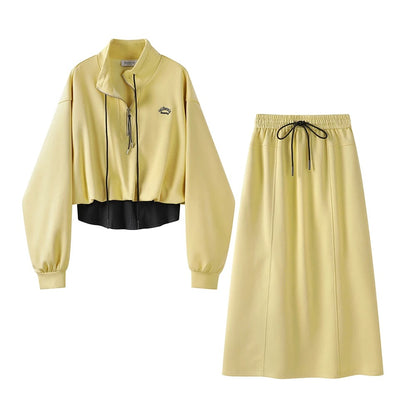 XinmonLee spring Korean version stand-up collar half-zip fake two-piece sweatshirt high waist drape skirt two-piece suit