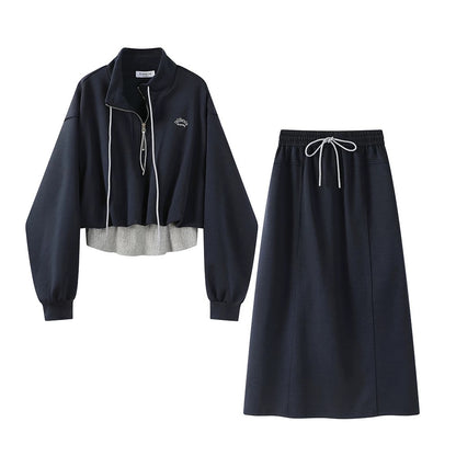 XinmonLee spring Korean version stand-up collar half-zip fake two-piece sweatshirt high waist drape skirt two-piece suit