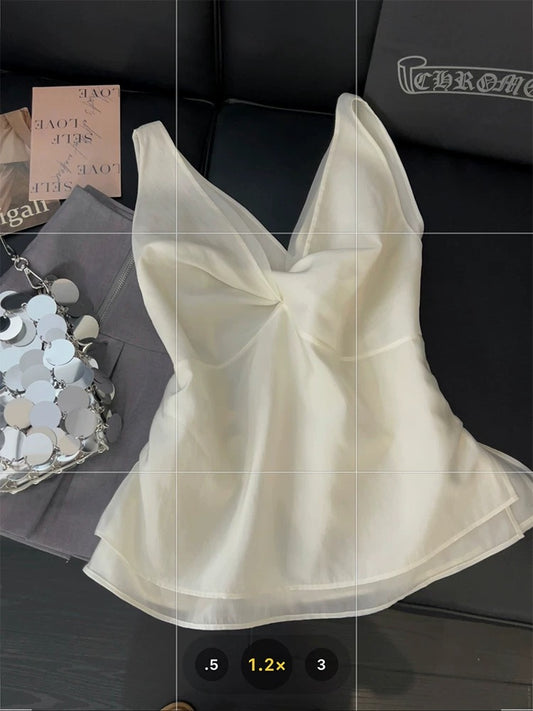 French-style V-neck mesh camisole for women, knotted design, unique summer style, elegant and versatile sleeveless top.