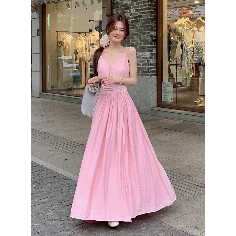 LINGLAI Linglai off-white suspender dress women's new summer new waist slimming beach vacation long skirt