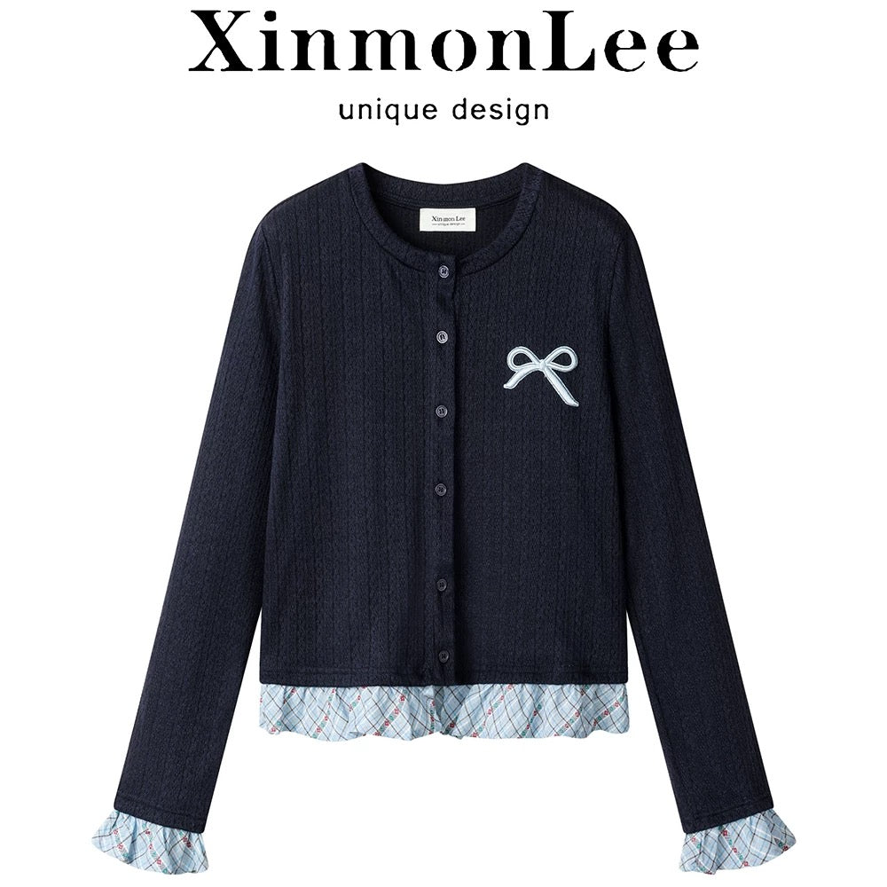 XinmonLee chic bow embroidered retro sweater spring splicing plaid ruffles fake two-piece