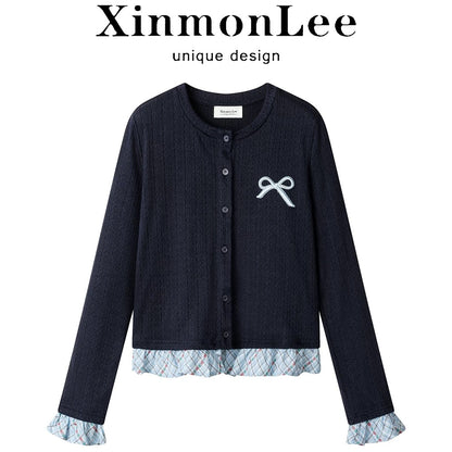 XinmonLee chic bow embroidered retro sweater spring splicing plaid ruffles fake two-piece