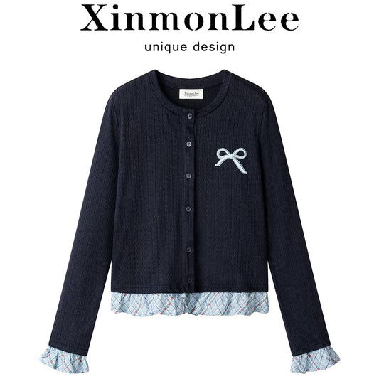 XinmonLee chic bow embroidered retro sweater spring splicing plaid ruffles fake two-piece