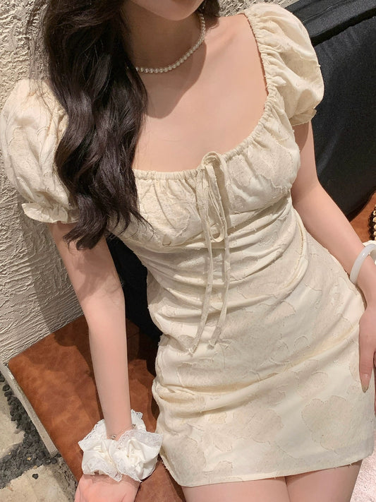 Qiu Rouyao elegant round neck pleated puff sleeve dress for women summer new slim white long and short skirt