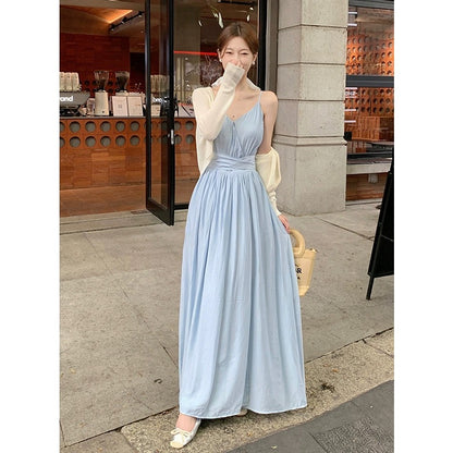 LINGLAI Linglai off-white suspender dress women's new summer new waist slimming beach vacation long skirt