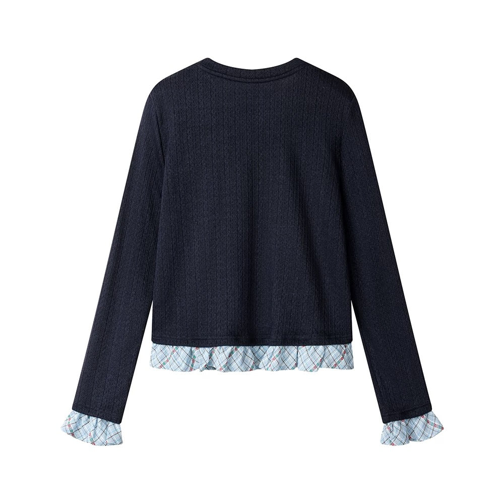 XinmonLee chic bow embroidered retro sweater spring splicing plaid ruffles fake two-piece