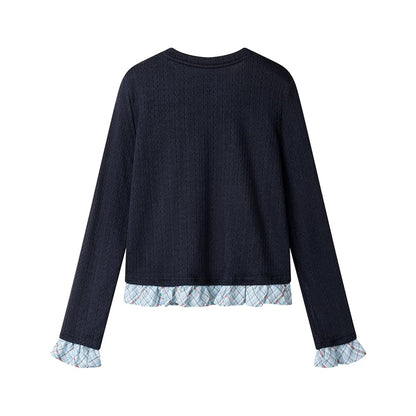 XinmonLee chic bow embroidered retro sweater spring splicing plaid ruffles fake two-piece