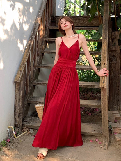 LINGLAI Linglai off-white suspender dress women's new summer new waist slimming beach vacation long skirt