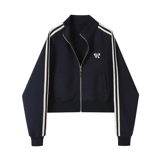 XinmonLee's new autumn style loose versatile stand-up collar short jacket design ribbon embroidered bow